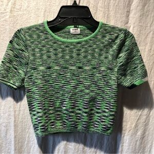 Cotton On crop top stretch woven medium weight green and navy cap sleeve L